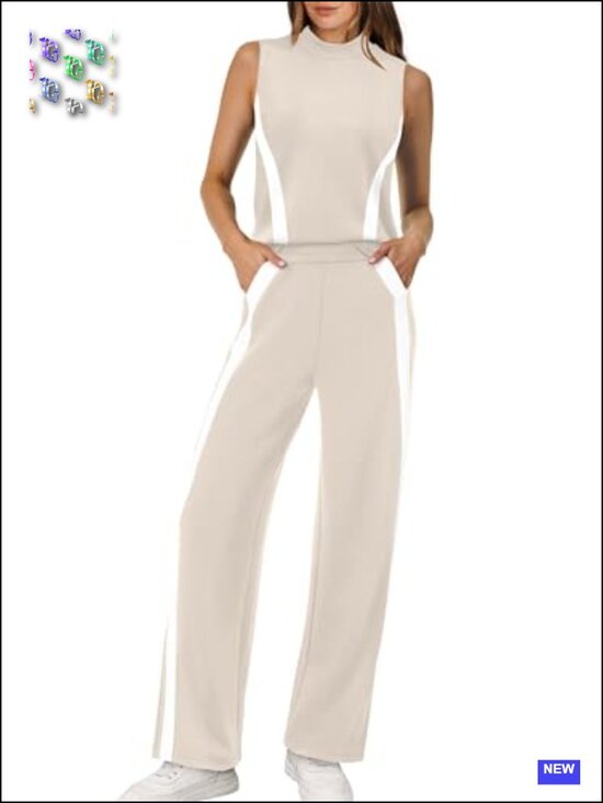 Pants - Two Piece Lounge Set Women Wide Leg Pants Mock Neck Sleeveless Summer Travel
